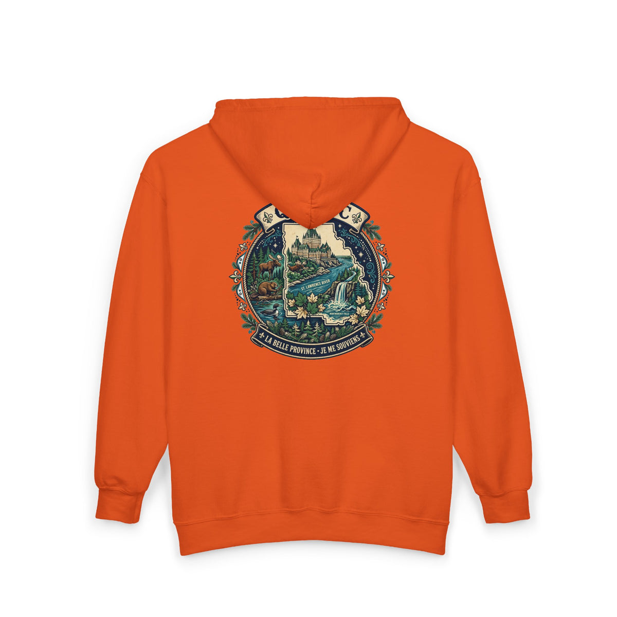 Québec Vintage Travel Hoodie — Scenic Chateau and Waterfall Souvenir Hoodie