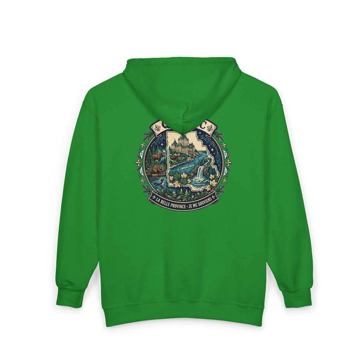 Québec Vintage Travel Hoodie — Scenic Chateau and Waterfall Souvenir Hoodie