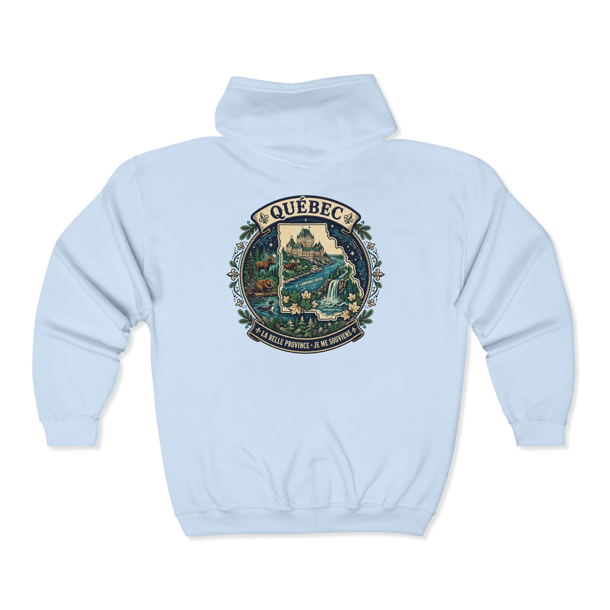 Québec Vintage Travel Hoodie — Scenic Chateau and Waterfall Souvenir Hoodie
