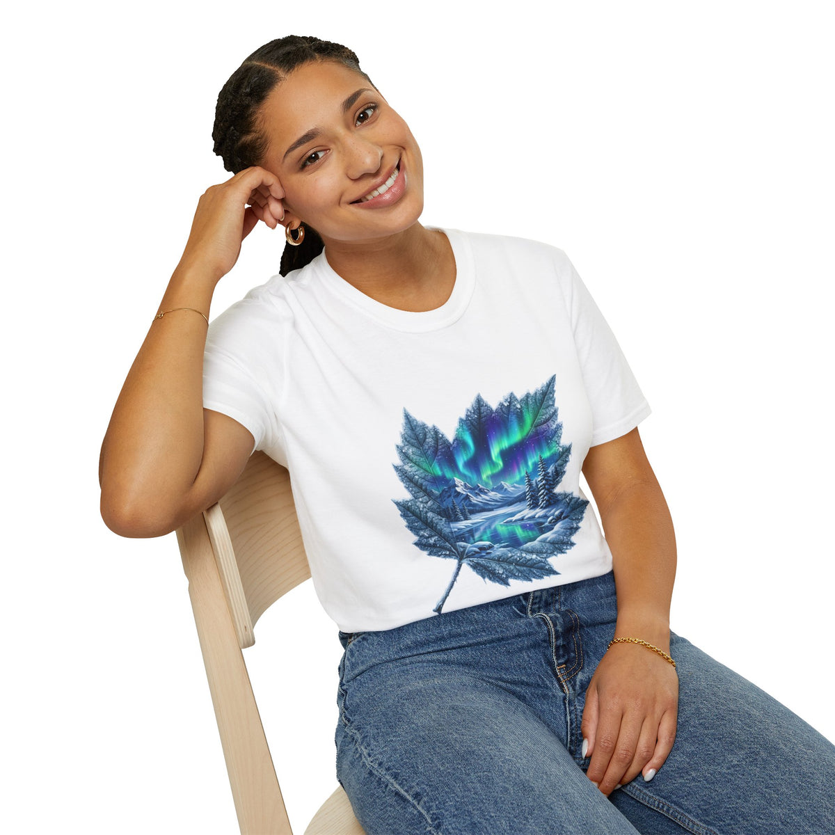Womens Aurora Maple Leaf Tee — Northern Lights Nature T-Shirt