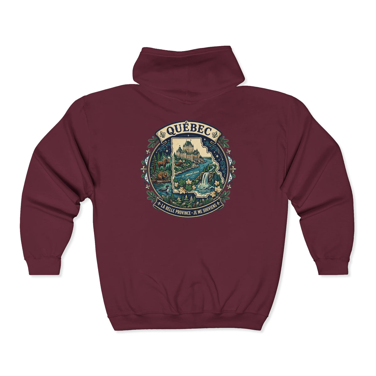 Québec Vintage Travel Hoodie — Scenic Chateau and Waterfall Souvenir Hoodie