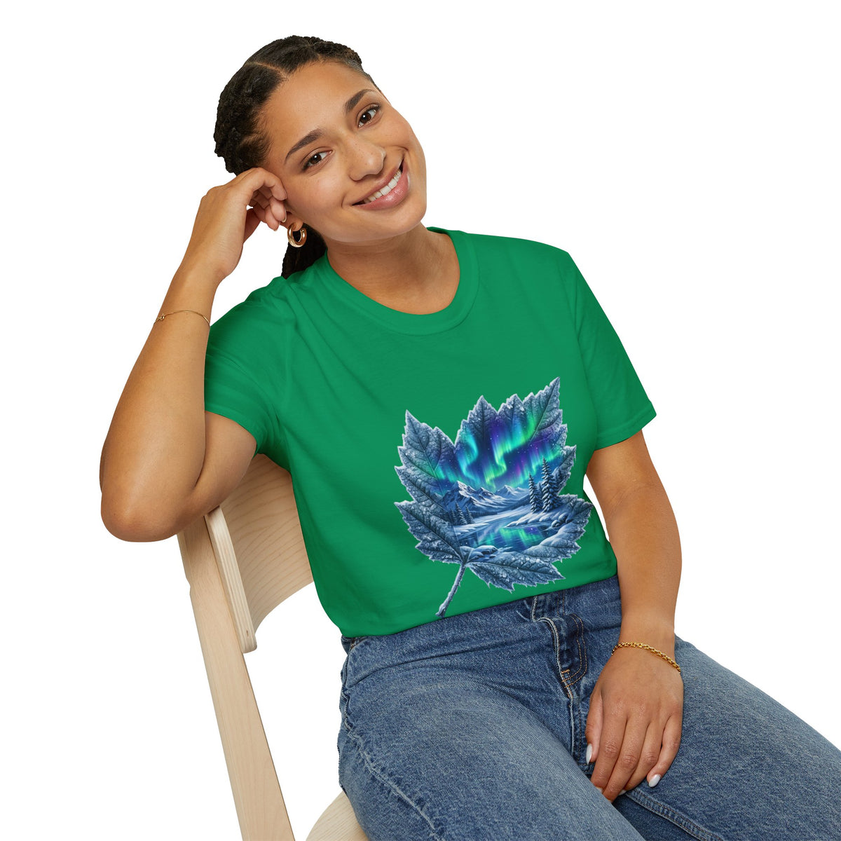 Womens Aurora Maple Leaf Tee — Northern Lights Nature T-Shirt