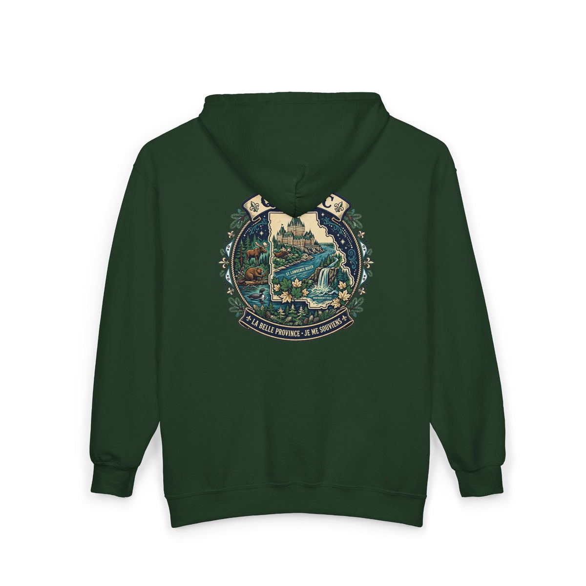 Québec Vintage Travel Hoodie — Scenic Chateau and Waterfall Souvenir Hoodie