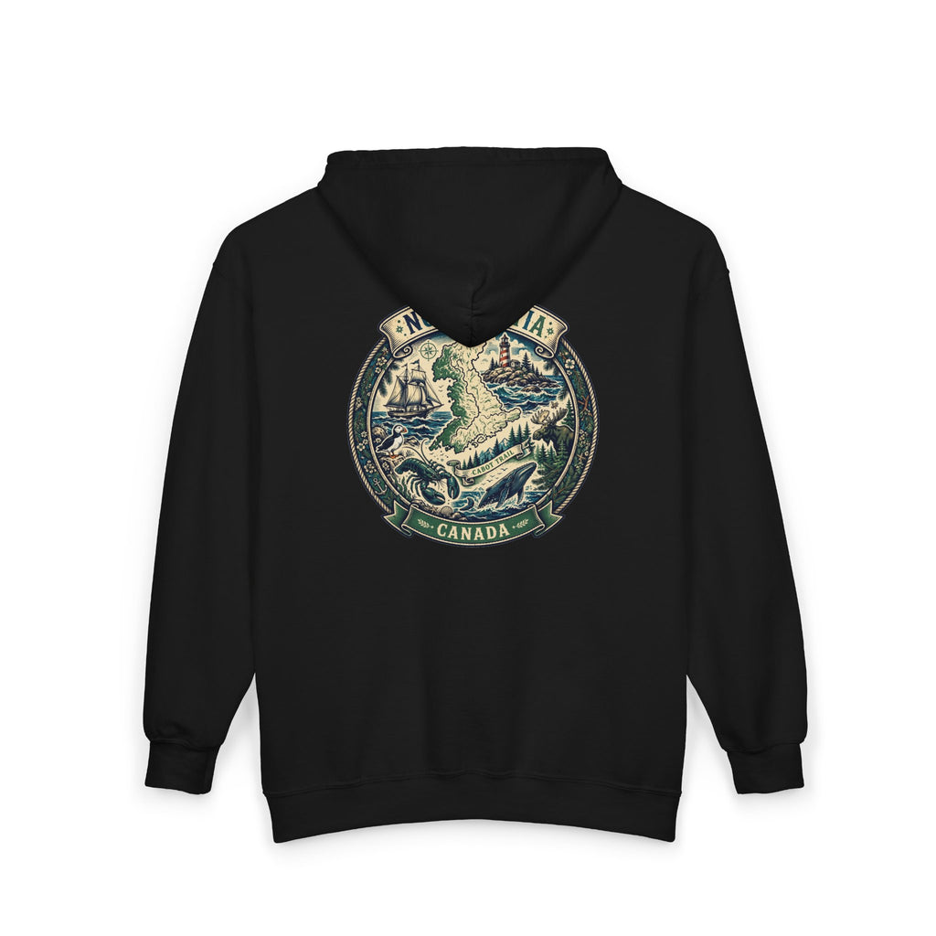 Nova Scotia Canada Vintage Map Hoodie — Coastal Lighthouse and Whale Graphic Hoodie