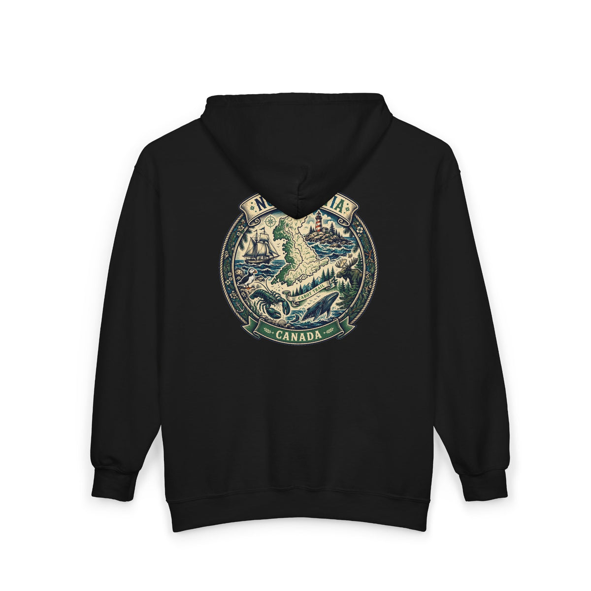 Nova Scotia Canada Vintage Map Hoodie — Coastal Lighthouse and Whale Graphic Hoodie