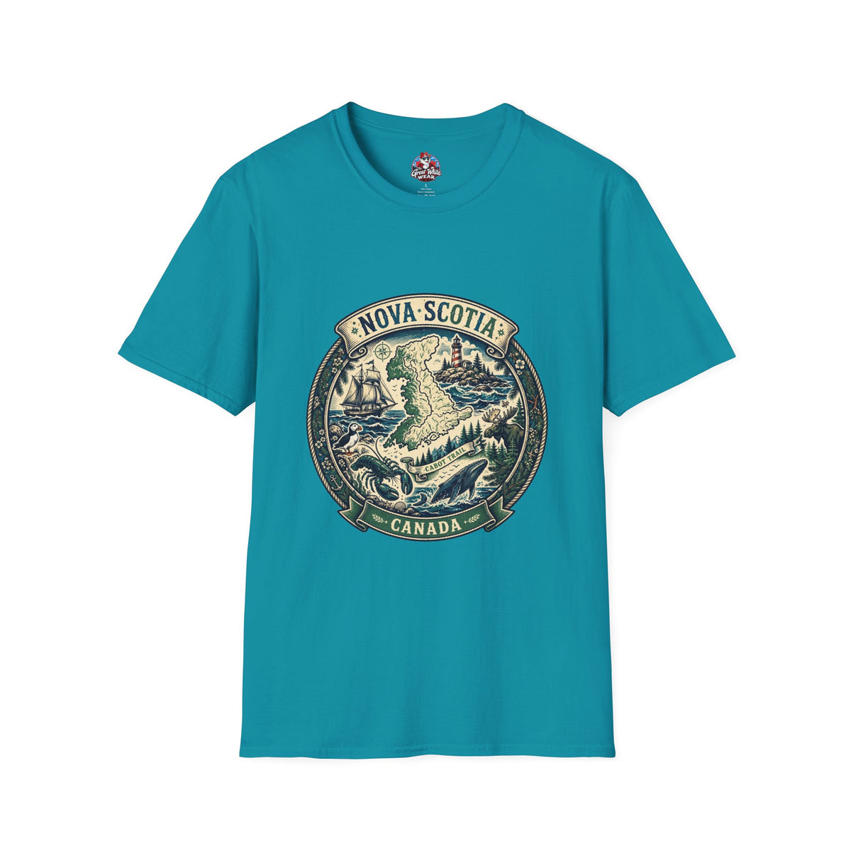 Nova Scotia Canada Vintage Map T-Shirt — Coastal Lighthouse and Whale Graphic Tee