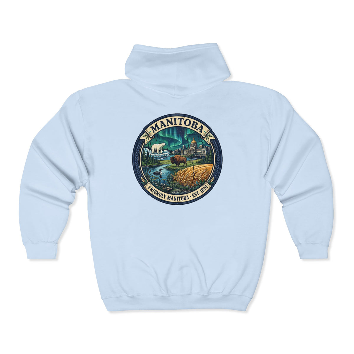 Manitoba Nature Badge Hoodie — Northern Lights, Moose and Prairie
