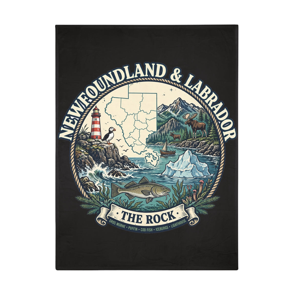 Newfoundland and Labrador 'The Rock' Plush Fleece Blanket – Coastal Map, Lighthouse and Iceberg Design