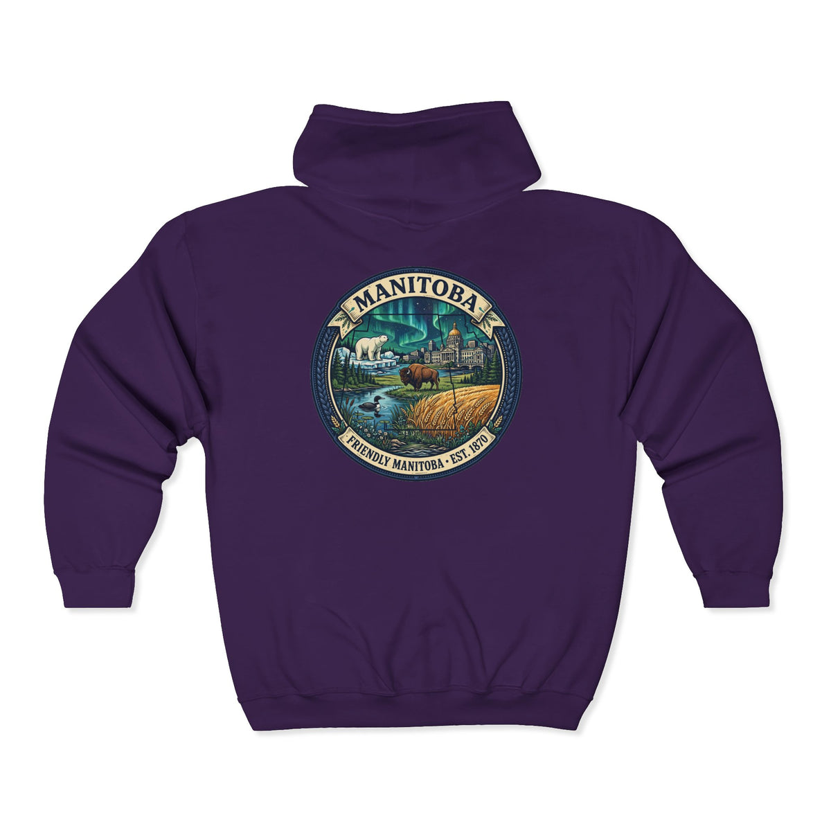 Manitoba Nature Badge Hoodie — Northern Lights, Moose and Prairie