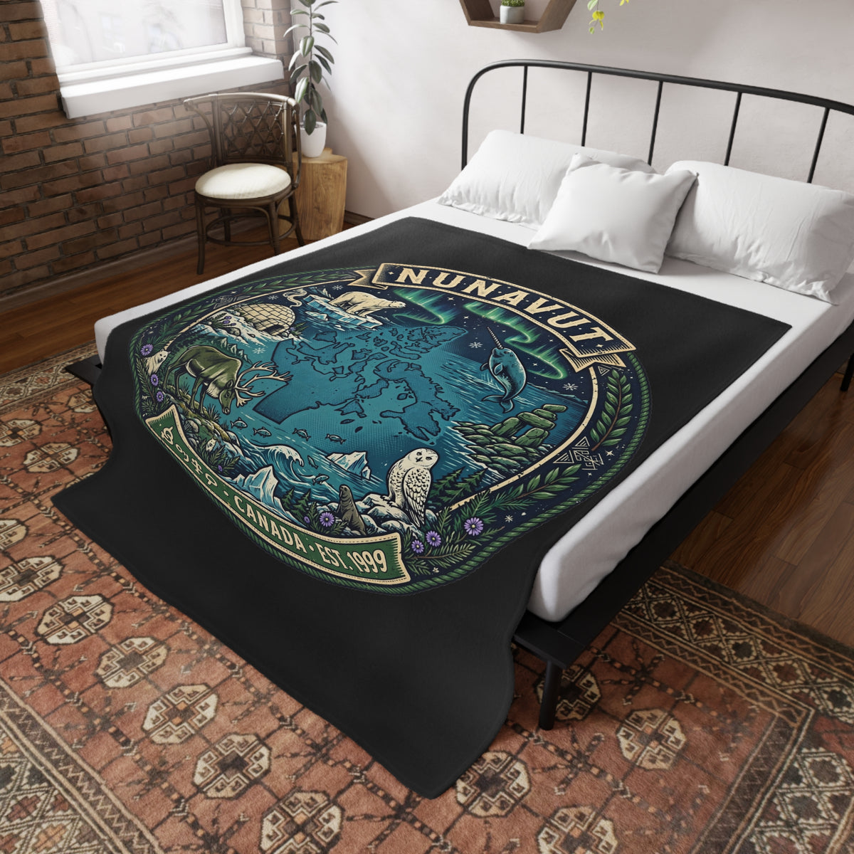 Nunavut Map Plush Fleece Blanket — Arctic Wildlife and Northern Lights Cozy Throw
