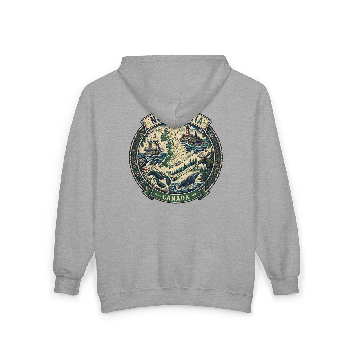 Nova Scotia Canada Vintage Map Hoodie — Coastal Lighthouse and Whale Graphic Hoodie