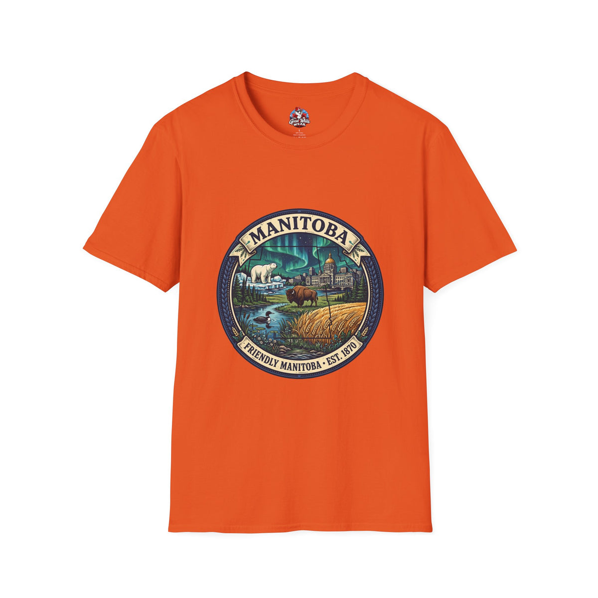 Manitoba Nature Badge T-Shirt — Northern Lights, Moose and Prairie Scenic Tee