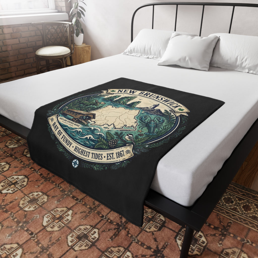 New Brunswick Map Plush Fleece Blanket — Bay of Fundy Lighthouse and Tidal Coast Throw