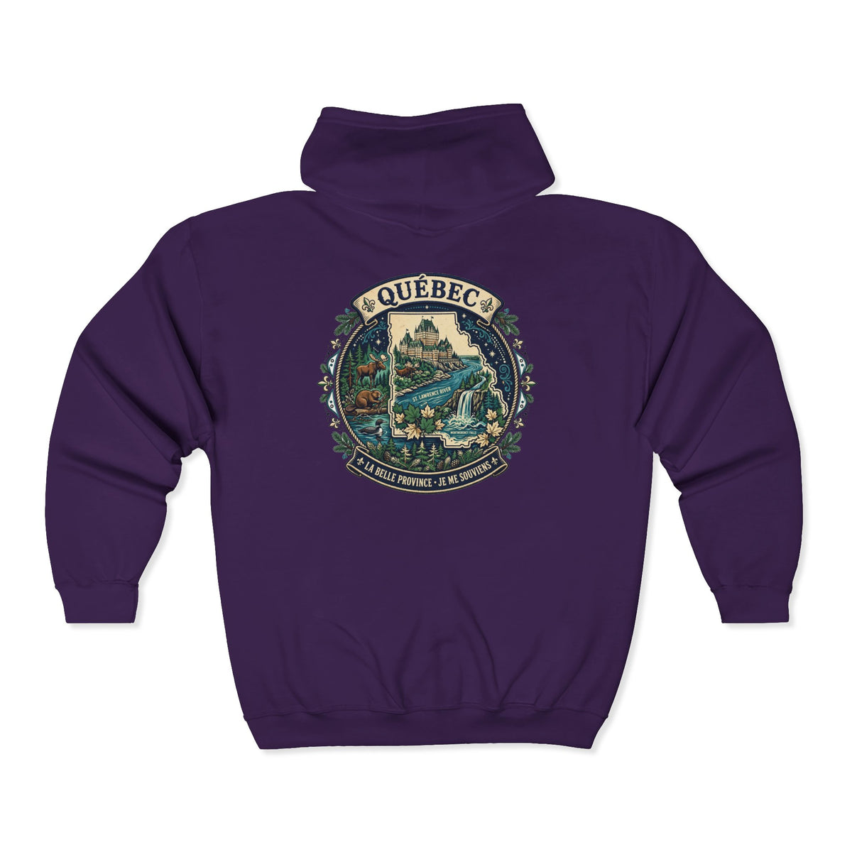 Québec Vintage Travel Hoodie — Scenic Chateau and Waterfall Souvenir Hoodie