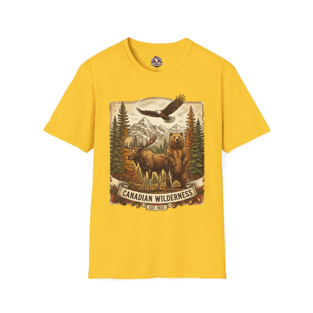 Mens T-Shirt — Canadian Wilderness Vintage Nature Graphic (Bear, Moose & Eagle)