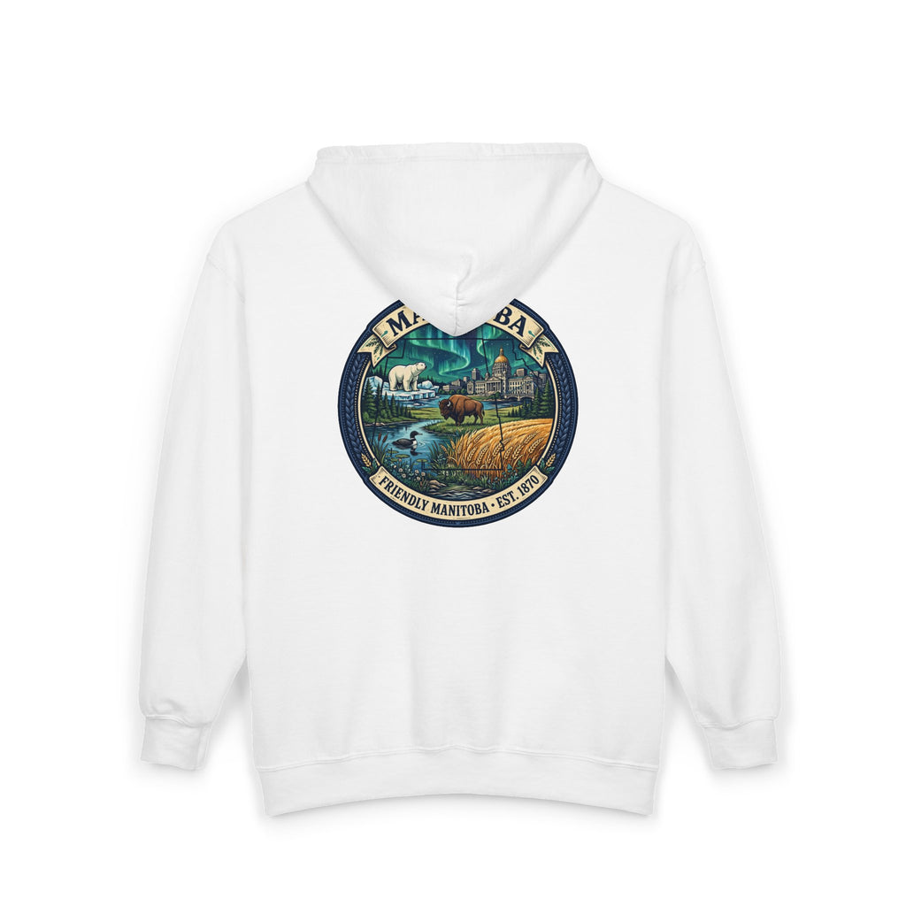 Manitoba Nature Badge Hoodie — Northern Lights, Moose and Prairie
