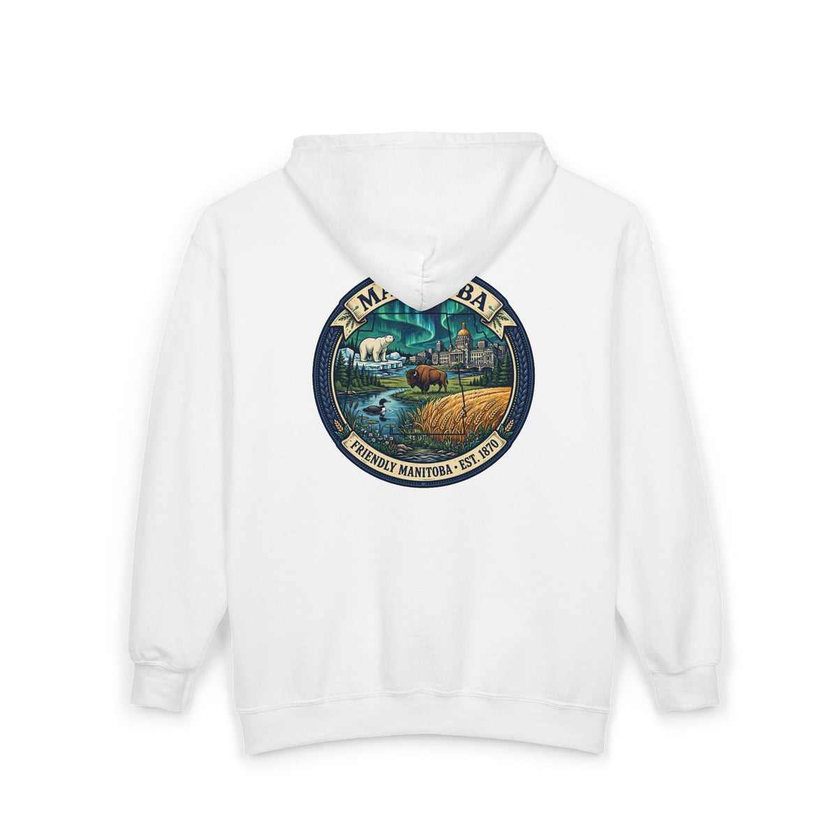 Manitoba Nature Badge Hoodie — Northern Lights, Moose and Prairie