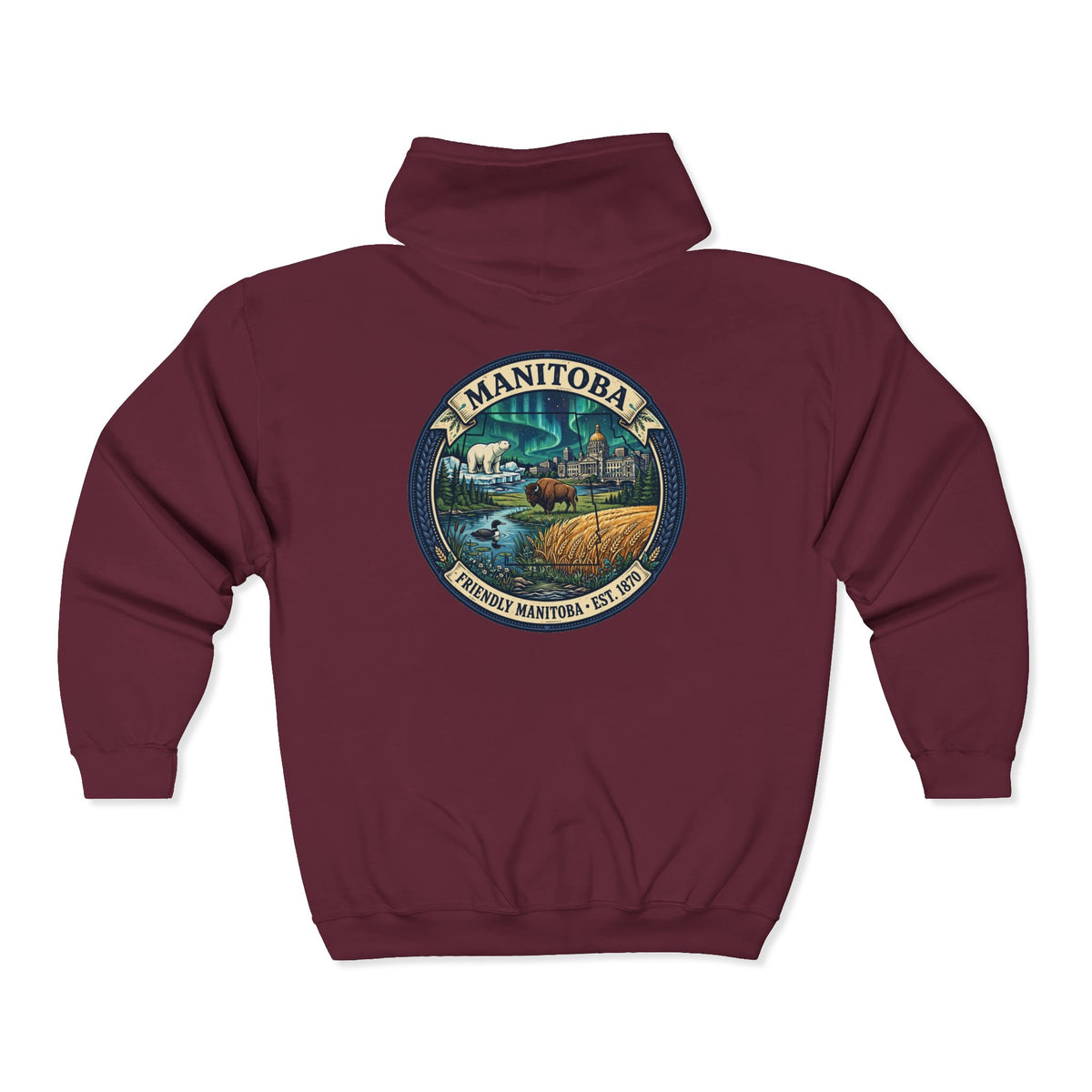 Manitoba Nature Badge Hoodie — Northern Lights, Moose and Prairie