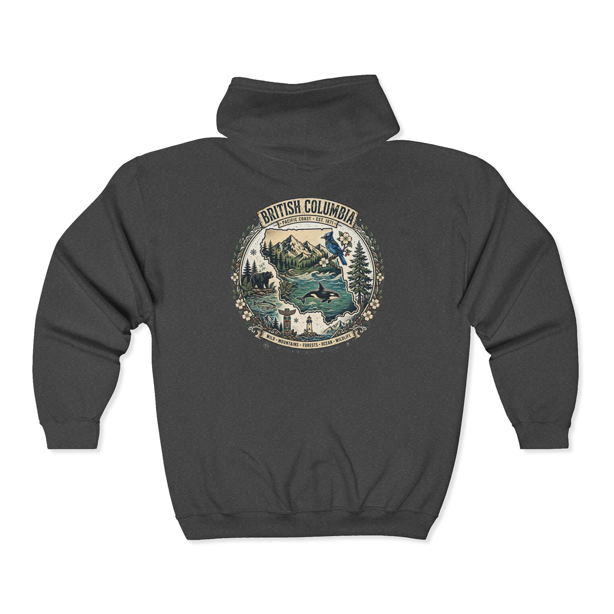 British Columbia Nature Hoodie — Scenic Mountains and Orca