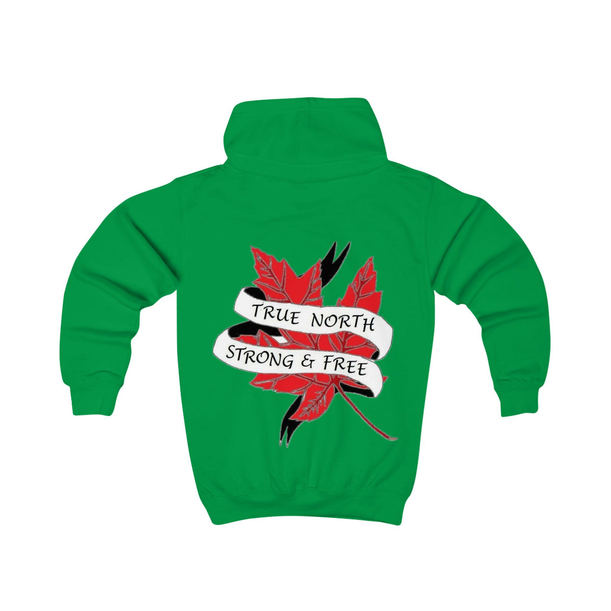 Kids Hoodie — "True North Strong and Free" Maple Leaf