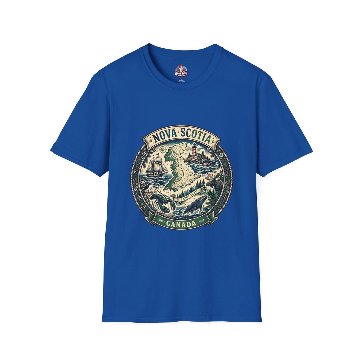 Nova Scotia Canada Vintage Map T-Shirt — Coastal Lighthouse and Whale Graphic Tee