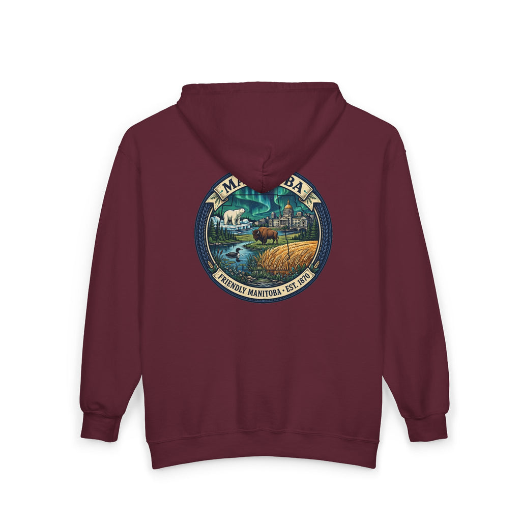 Manitoba Nature Badge Hoodie — Northern Lights, Moose and Prairie