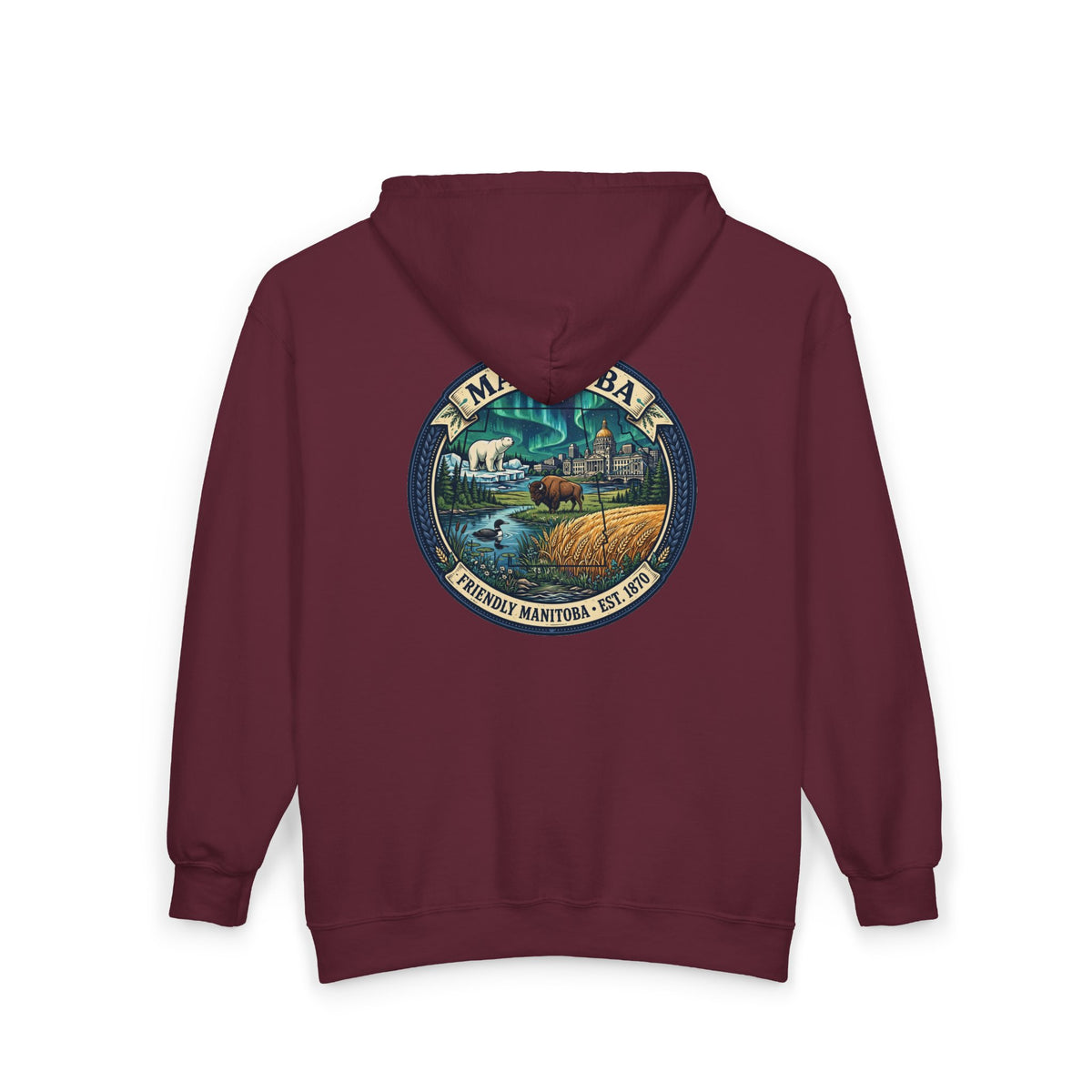 Manitoba Nature Badge Hoodie — Northern Lights, Moose and Prairie