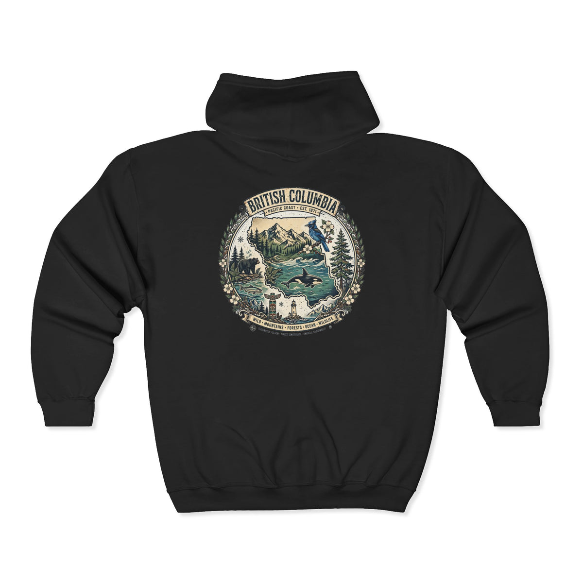 British Columbia Nature Hoodie — Scenic Mountains and Orca