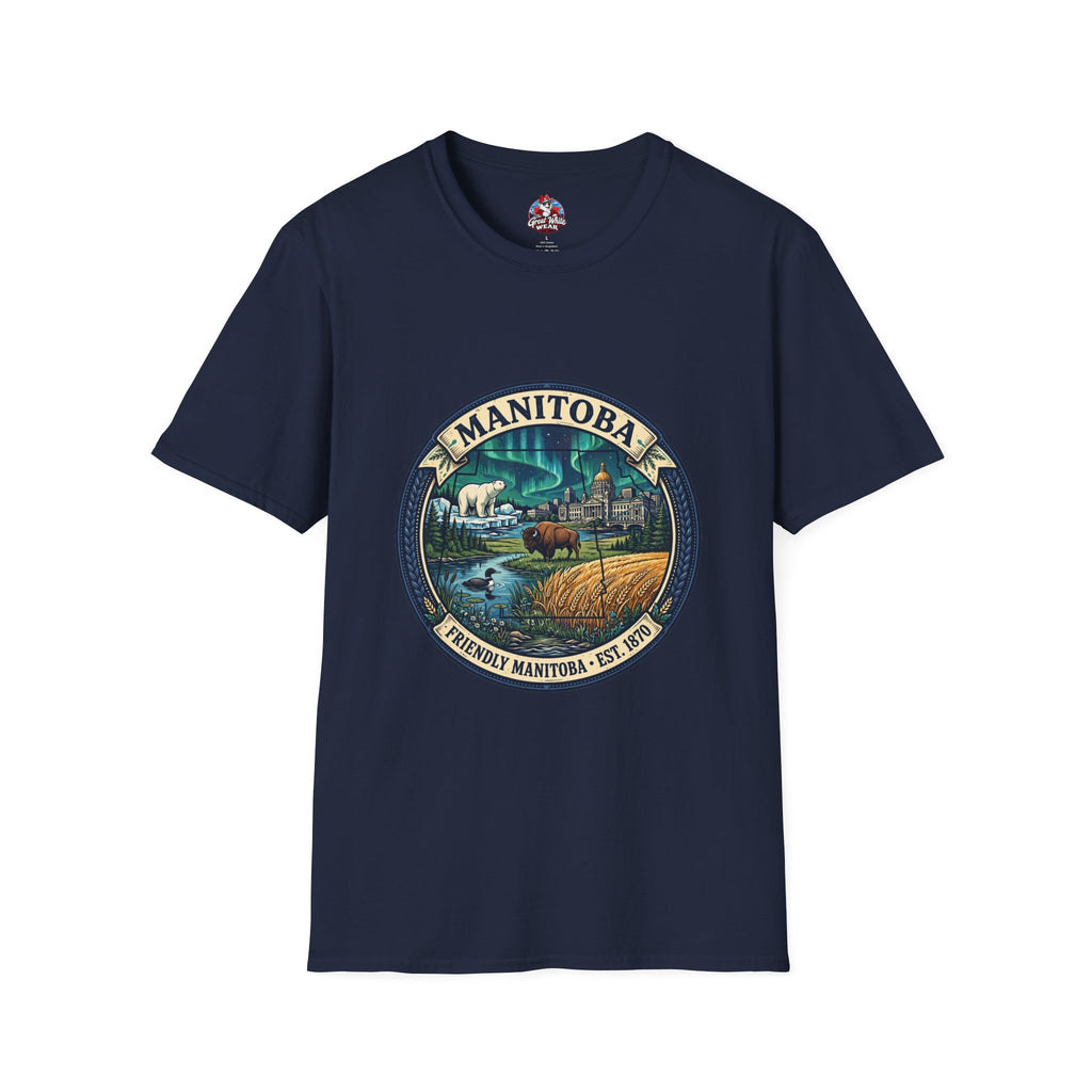 Manitoba Nature Badge T-Shirt — Northern Lights, Moose and Prairie Scenic Tee