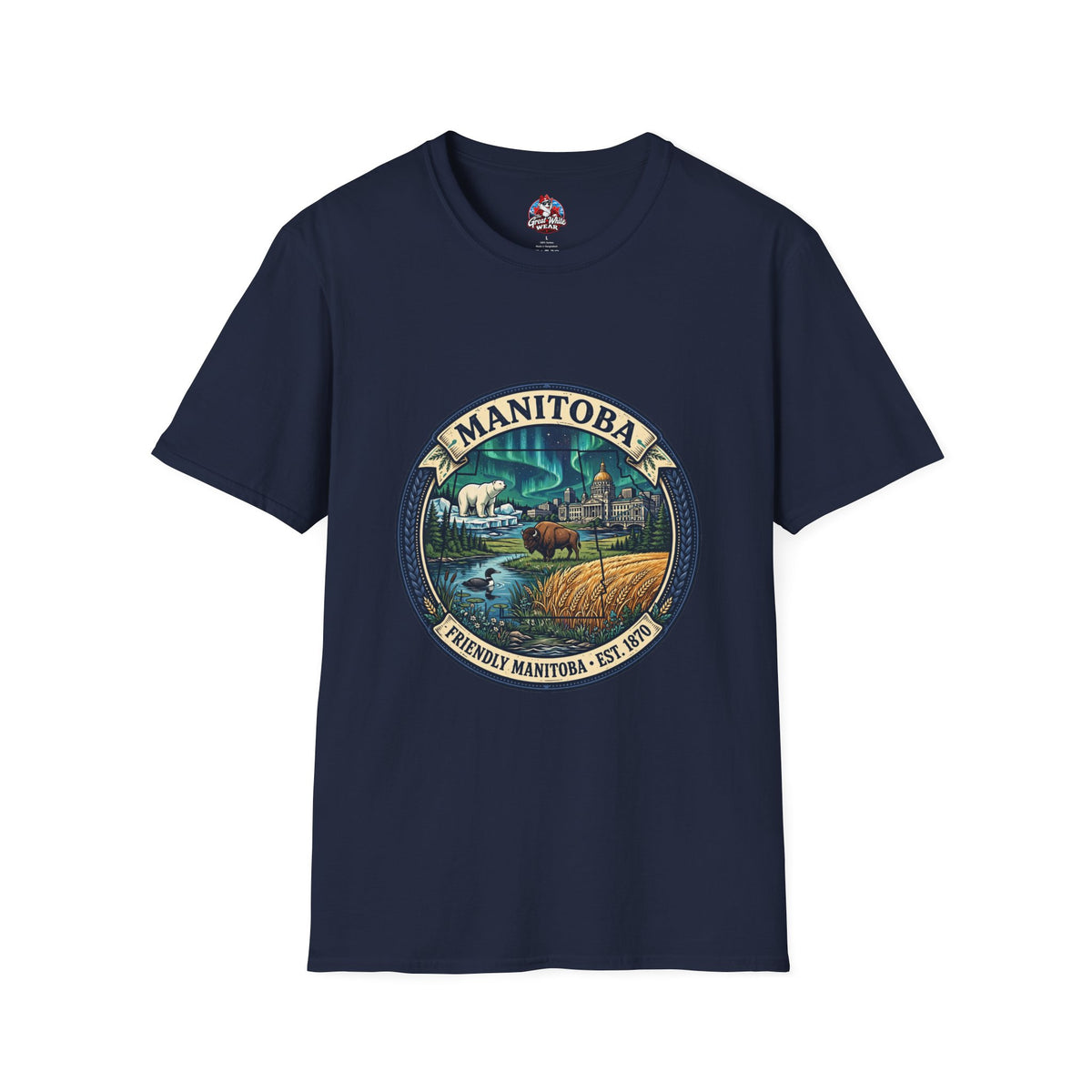 Manitoba Nature Badge T-Shirt — Northern Lights, Moose and Prairie Scenic Tee