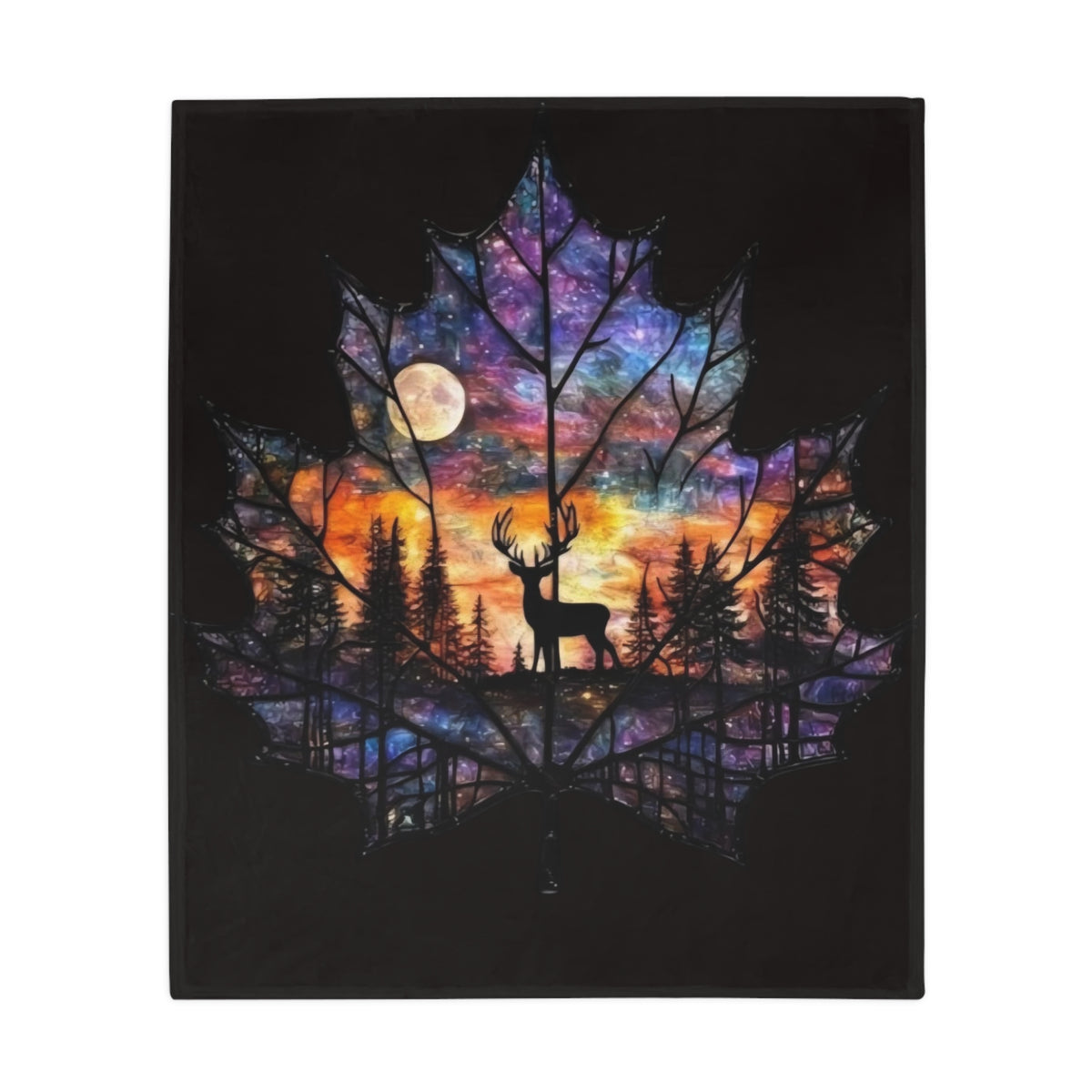 Deer Silhouette Maple Leaf Fleece Blanket — Colorful Sunset Night Forest Throw