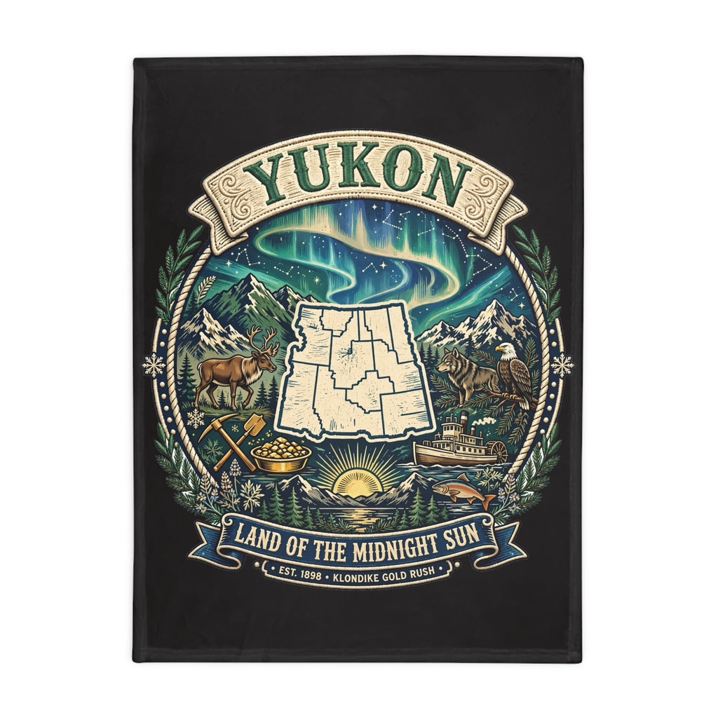 Yukon Northern Lights Plush Fleece Blanket — "Land of the Midnight Sun" Map Design