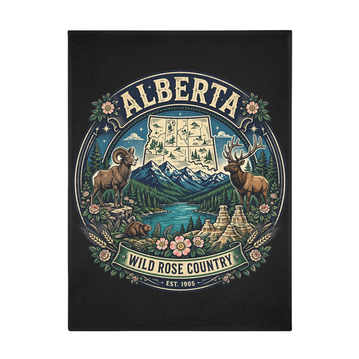 Alberta Wild Rose Country Plush Fleece Blanket — Scenic Rockies Map and Wildlife Throw