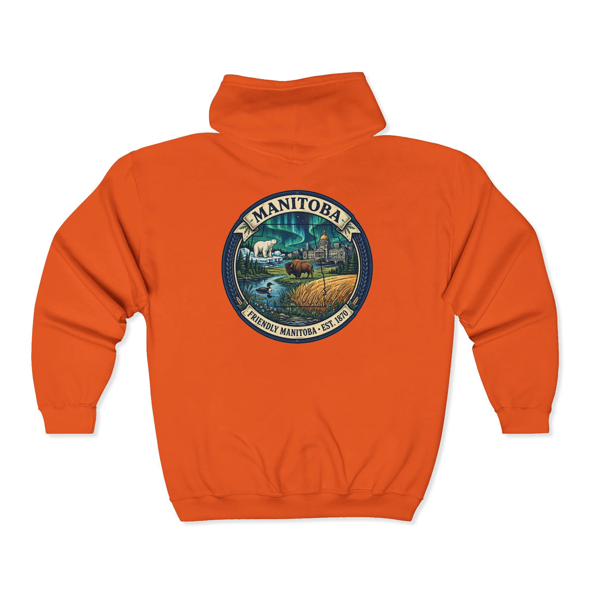 Manitoba Nature Badge Hoodie — Northern Lights, Moose and Prairie