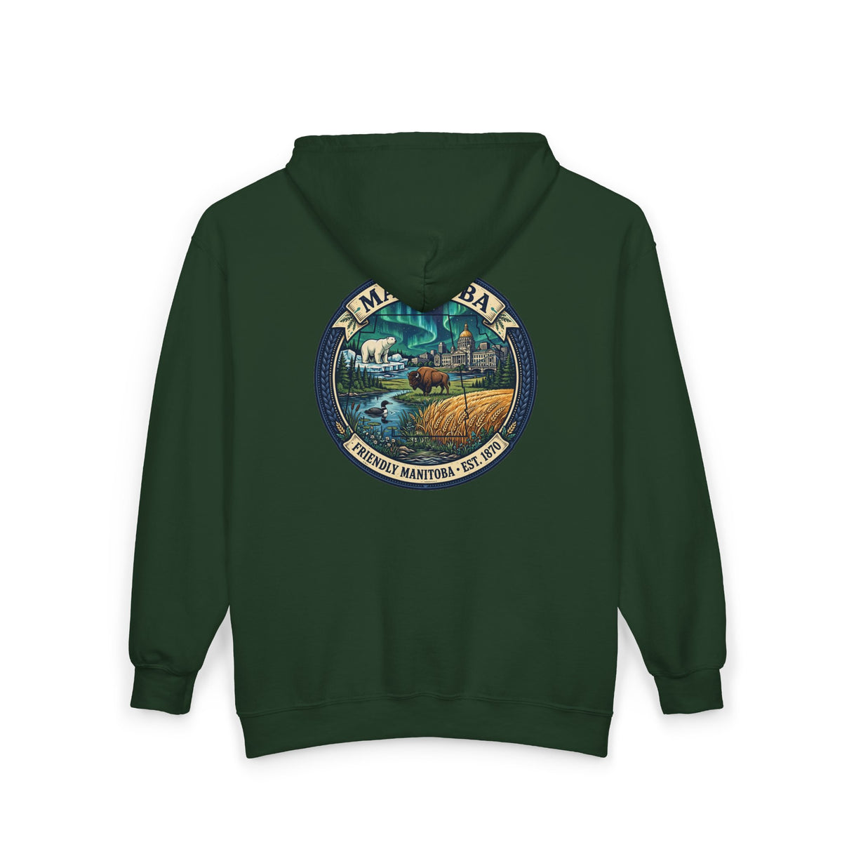 Manitoba Nature Badge Hoodie — Northern Lights, Moose and Prairie