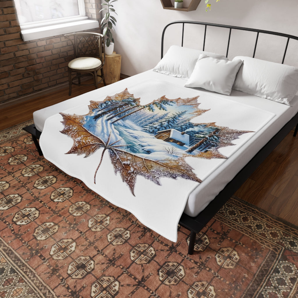 Winter Cabin Maple Leaf Plush Fleece Blanket