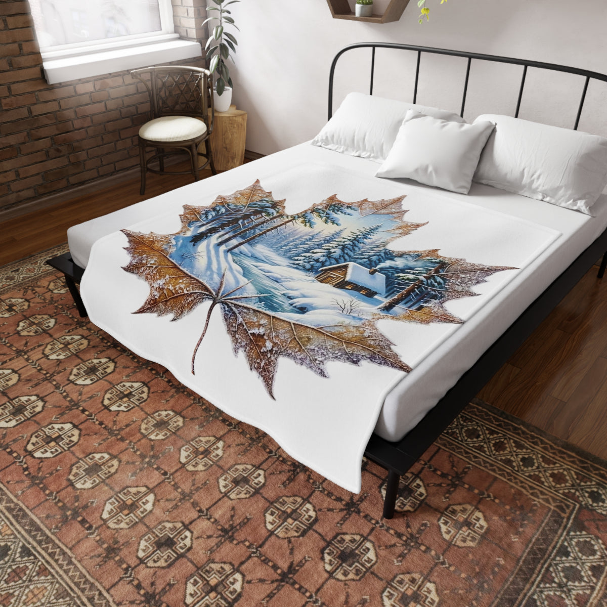 Winter Cabin Maple Leaf Plush Fleece Blanket