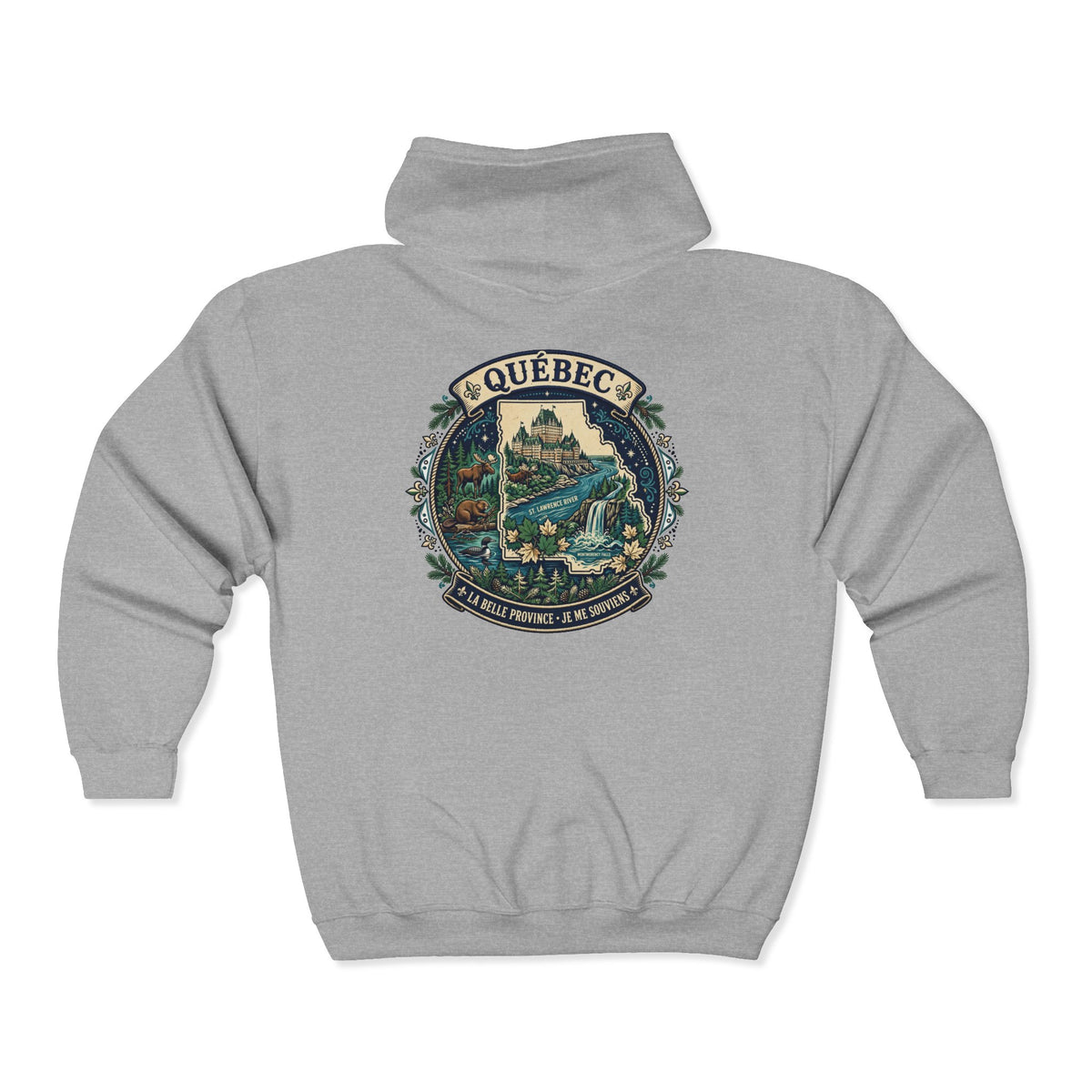 Québec Vintage Travel Hoodie — Scenic Chateau and Waterfall Souvenir Hoodie