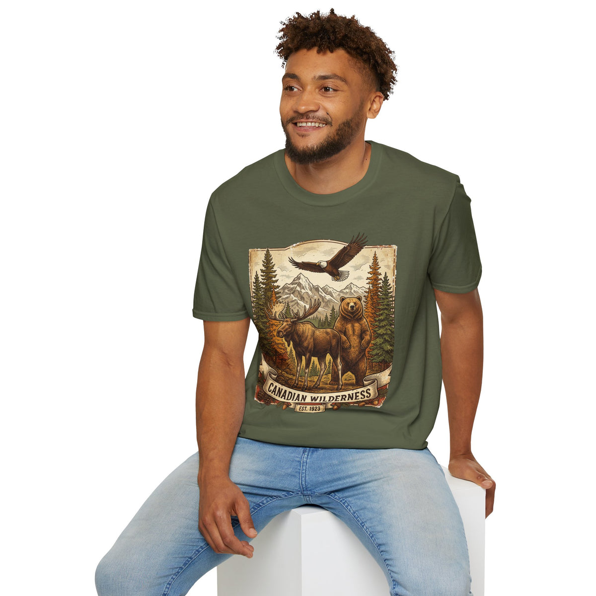 Mens T-Shirt — Canadian Wilderness Vintage Nature Graphic (Bear, Moose & Eagle)