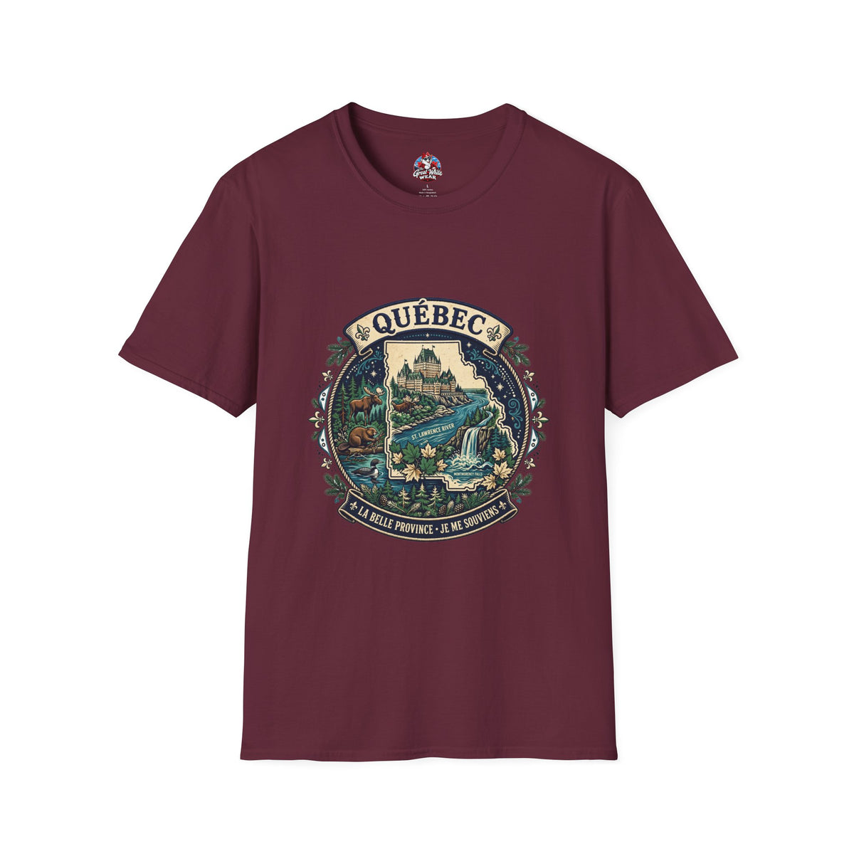 Québec Vintage Travel T-Shirt — Scenic Chateau and Waterfall Souvenir Tee