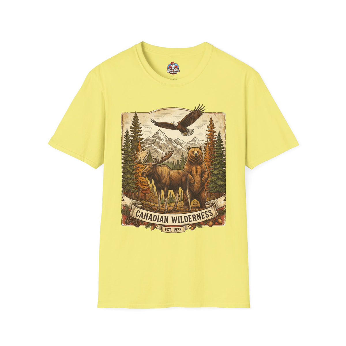 Mens T-Shirt — Canadian Wilderness Vintage Nature Graphic (Bear, Moose & Eagle)