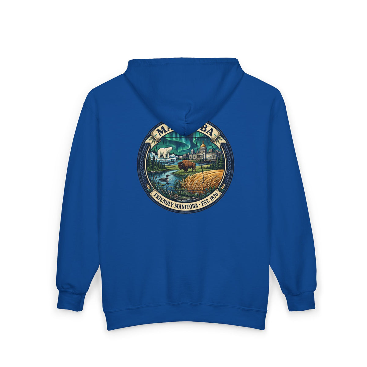 Manitoba Nature Badge Hoodie — Northern Lights, Moose and Prairie