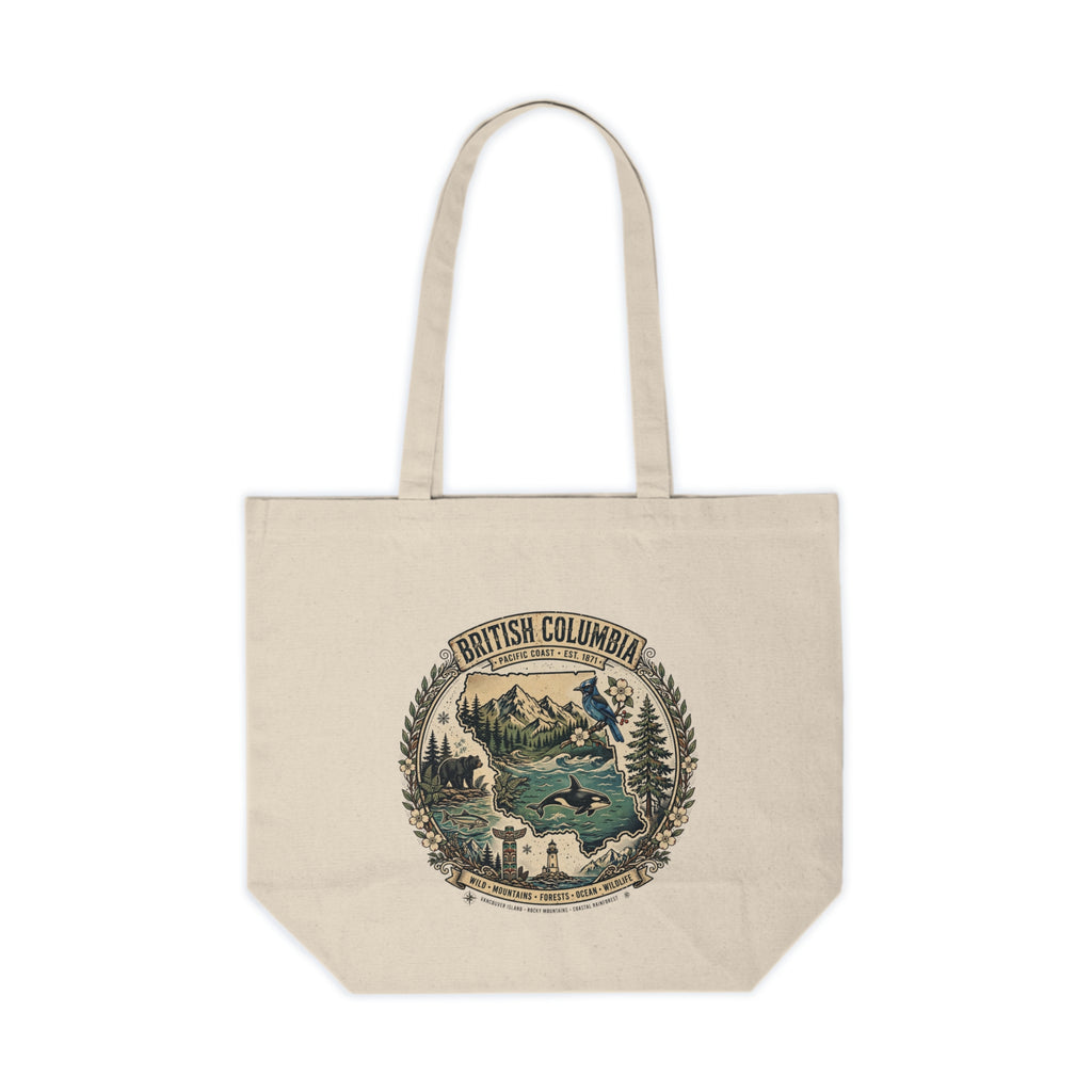 British Columbia Vintage Travel Canvas Tote — Scenic Mountain and Lake Eco-Friendly Shopper