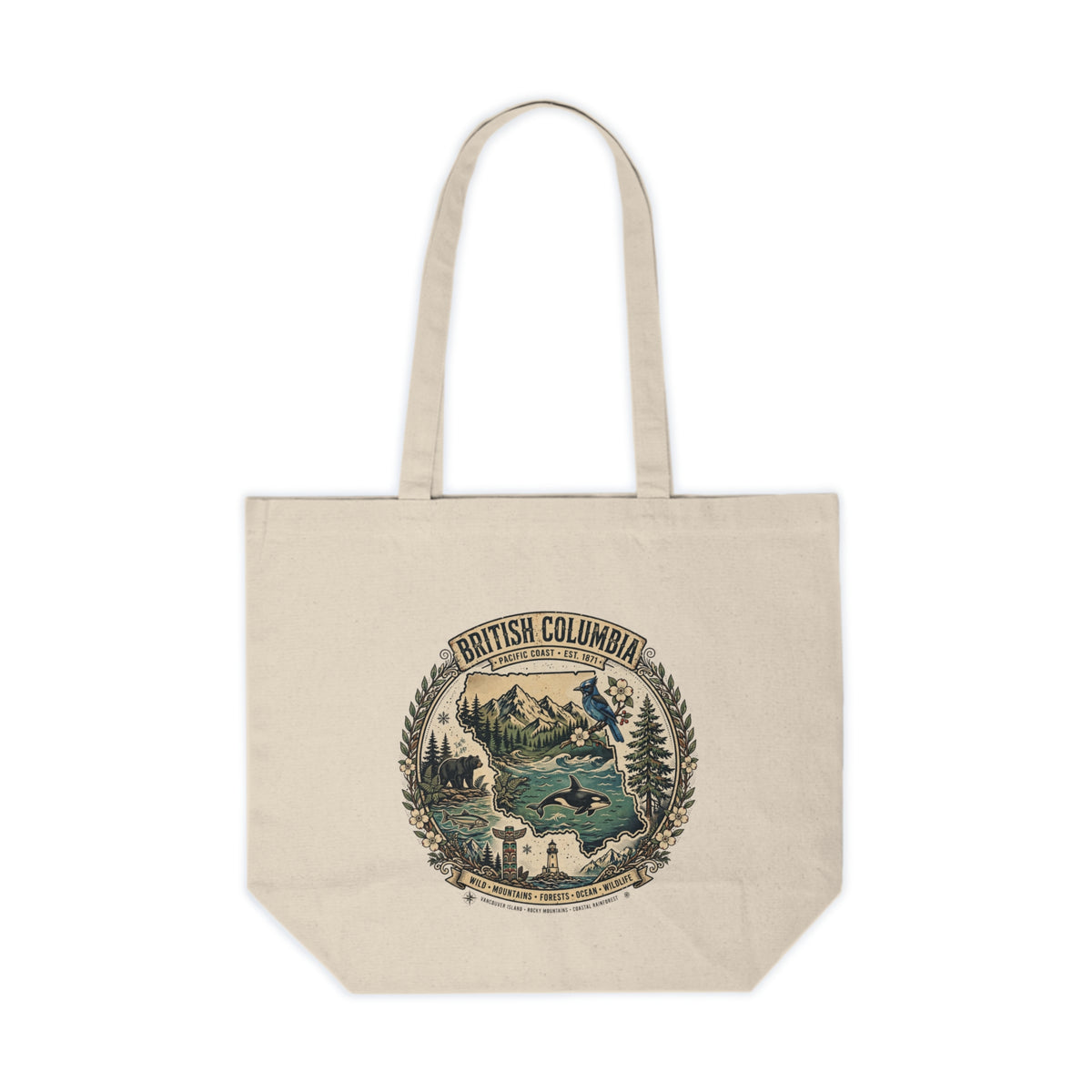 British Columbia Vintage Travel Canvas Tote — Scenic Mountain and Lake Eco-Friendly Shopper