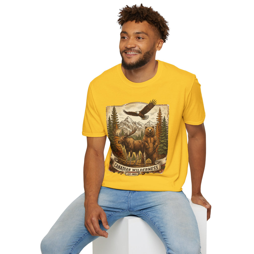 Mens T-Shirt — Canadian Wilderness Vintage Nature Graphic (Bear, Moose & Eagle)