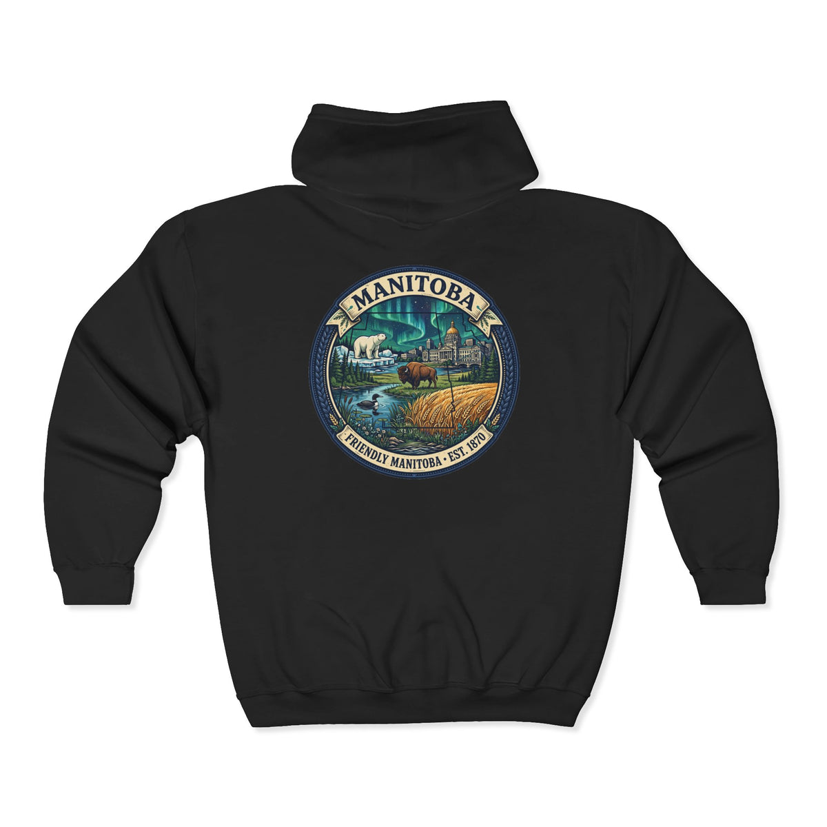 Manitoba Nature Badge Hoodie — Northern Lights, Moose and Prairie