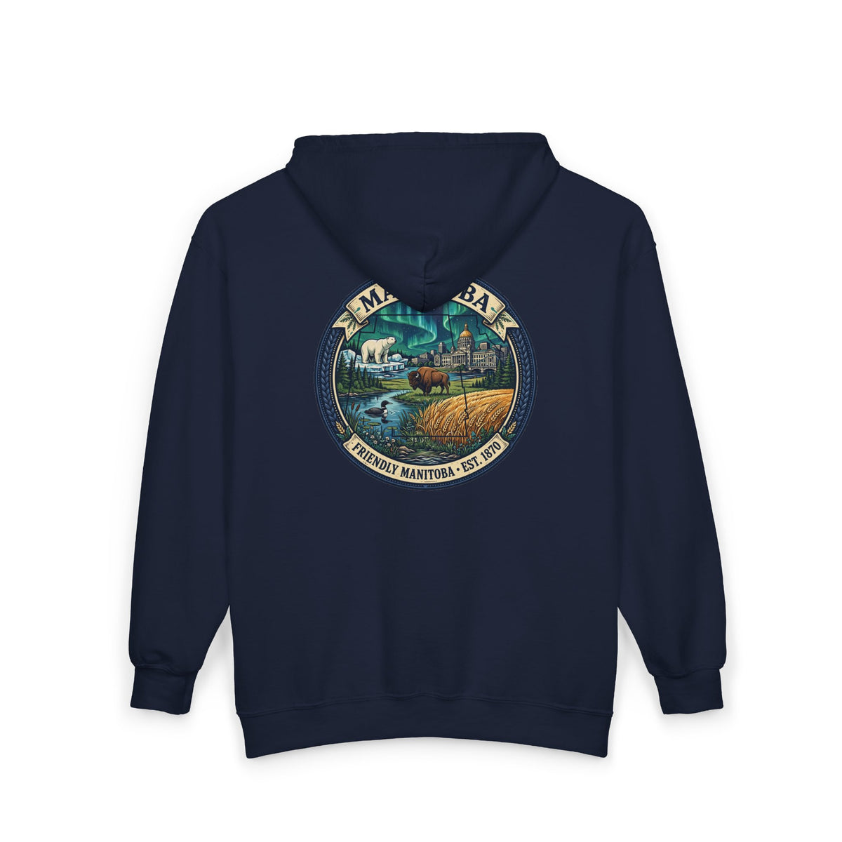 Manitoba Nature Badge Hoodie — Northern Lights, Moose and Prairie