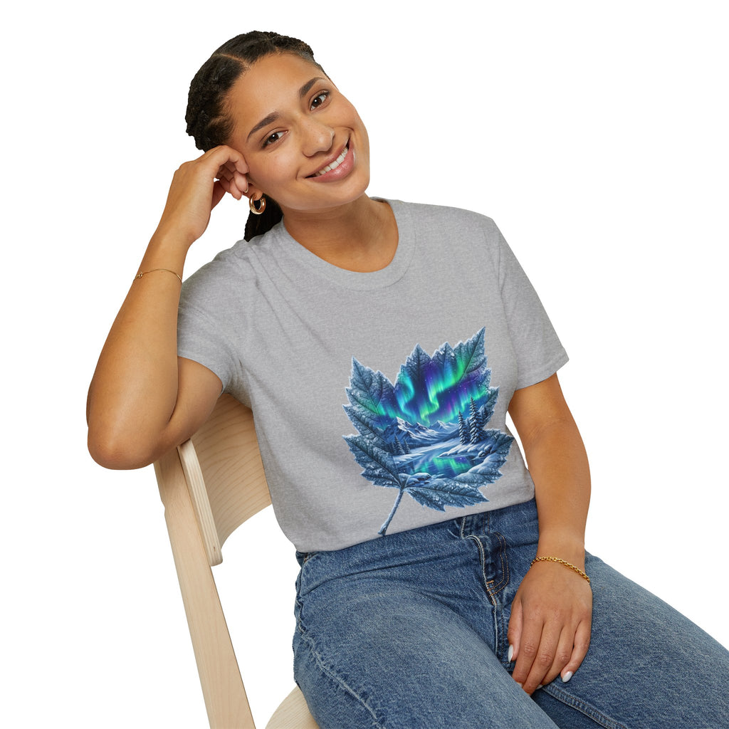 Womens Aurora Maple Leaf Tee — Northern Lights Nature T-Shirt