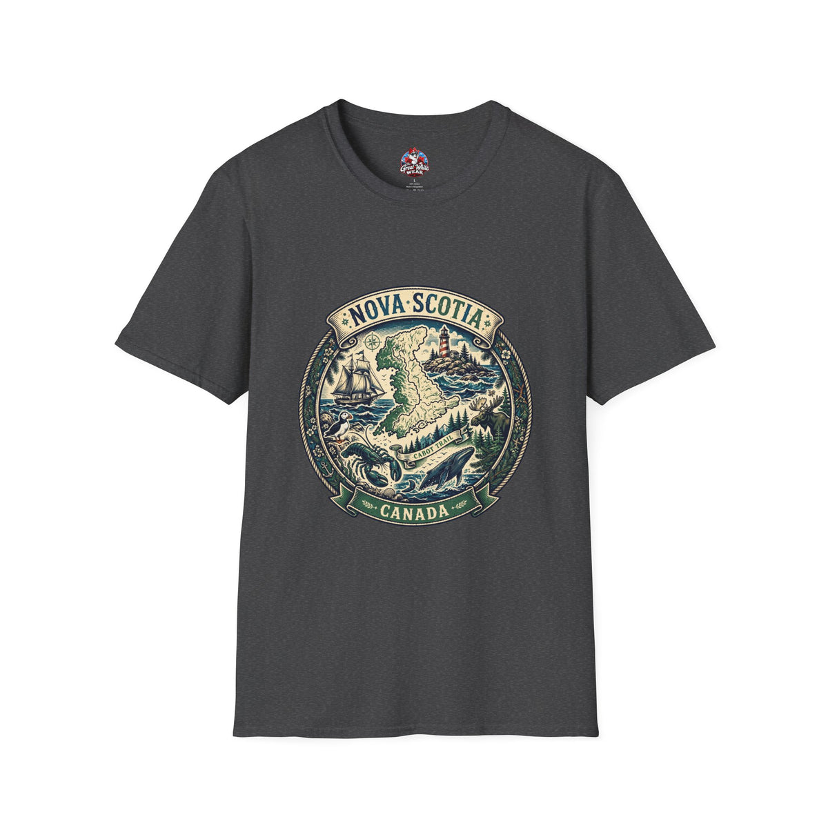 Nova Scotia Canada Vintage Map T-Shirt — Coastal Lighthouse and Whale Graphic Tee
