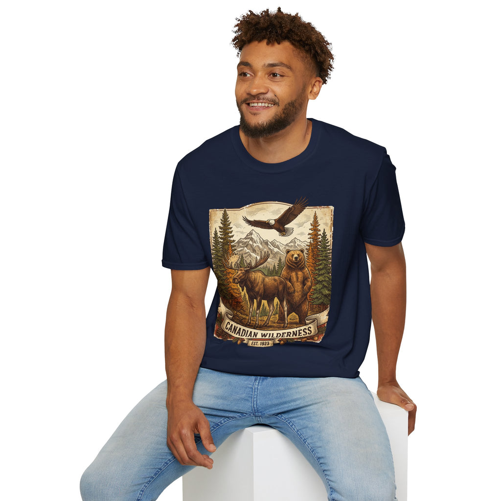 Mens T-Shirt — Canadian Wilderness Vintage Nature Graphic (Bear, Moose & Eagle)